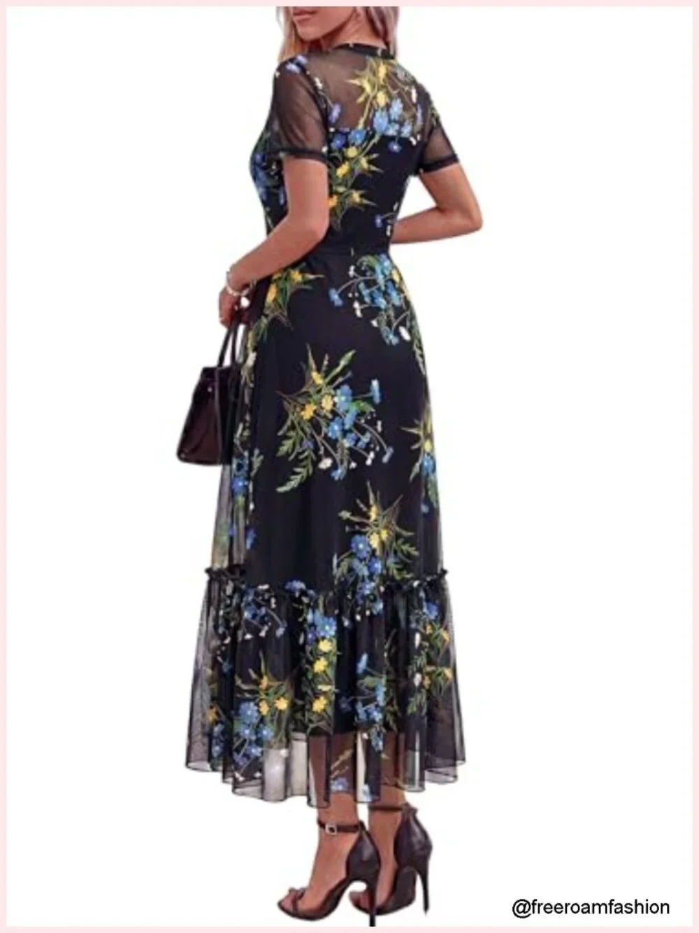 Mesh Short Sleeve Floral Print Ruffle Long Boho Wedding Guest Cocktail Dress